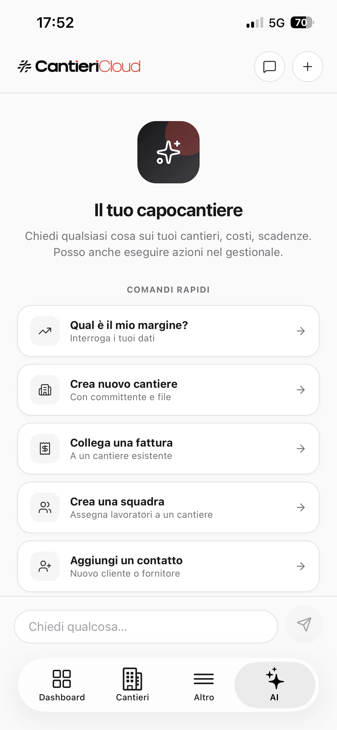 Assistente AI di CantieriCloud: margini, creazione cantieri e collegamento fatture
