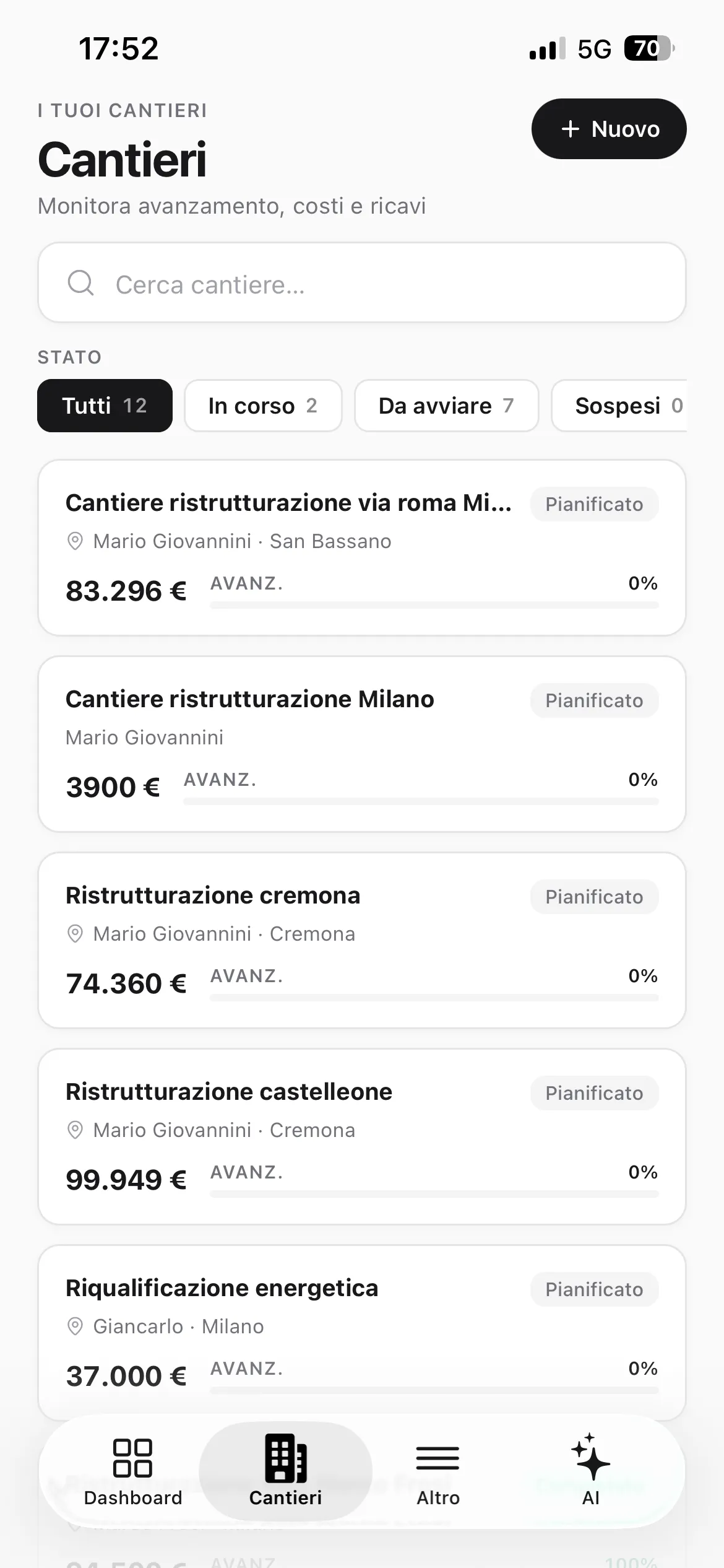 Schermata elenco cantieri dell'app CantieriCloud con avanzamento e importi