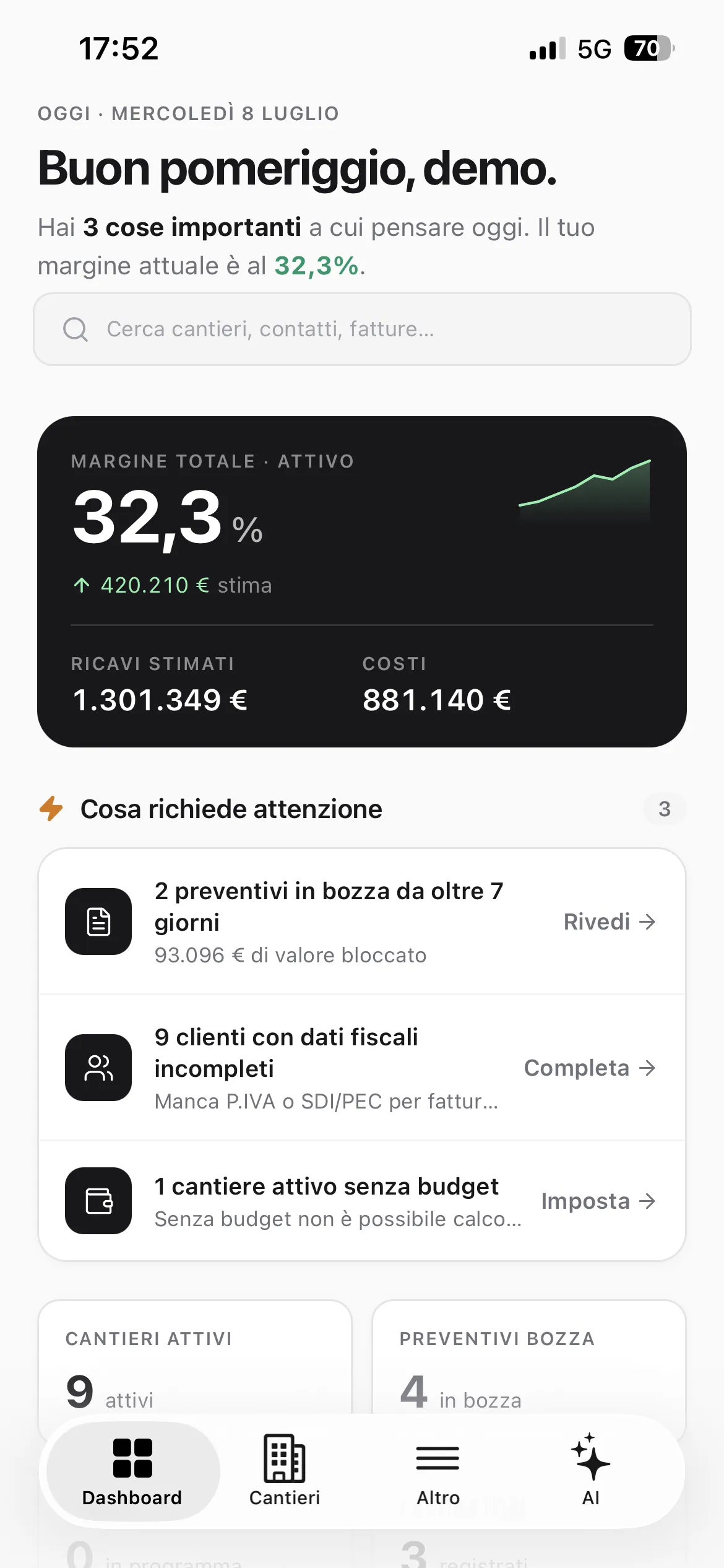 Dashboard dell'app CantieriCloud con margine, ricavi e costi in tempo reale