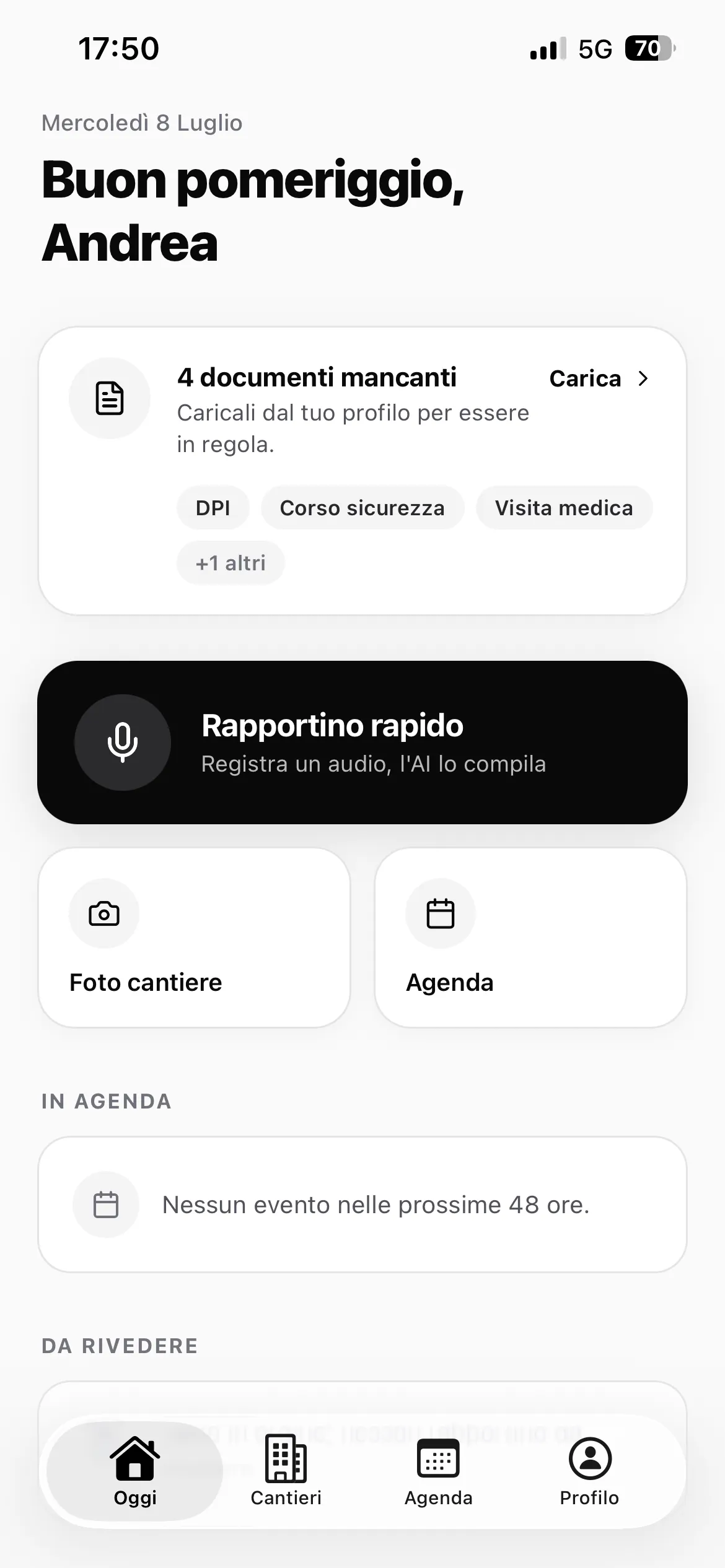 Home dell'app CantieriCloud: rapportino rapido, foto cantiere e agenda